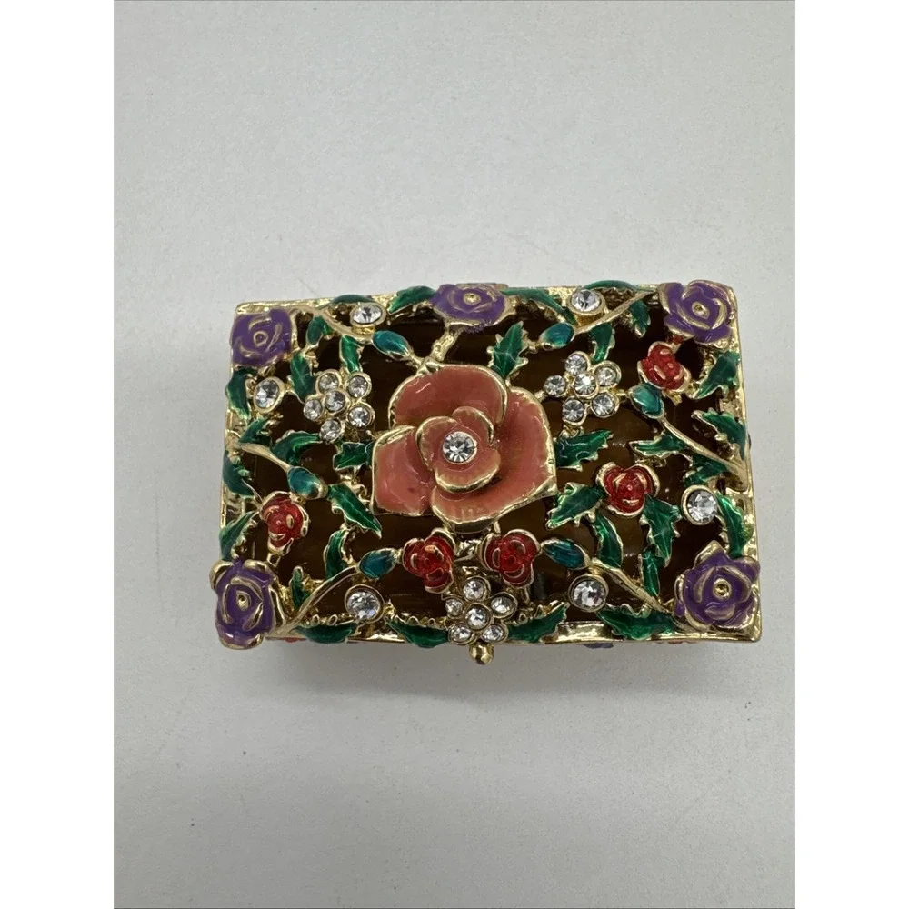 Metal & Enamel Trinket Box, Hinged with Magnetic Closure Floral Rhinestones